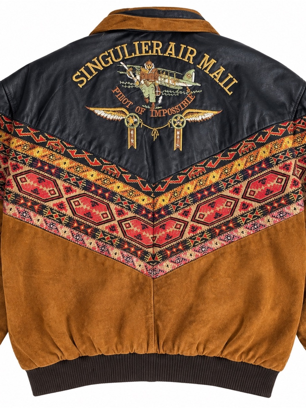 Vintage Singulier Air Mail Suede Bomber Jacket Embroidered Western Pilot